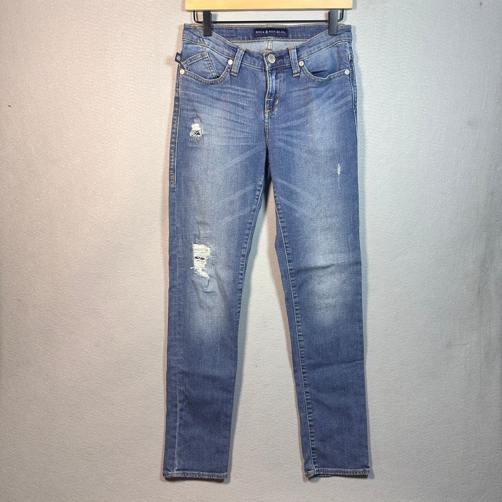 Rock & Republic Womens Size 8 Distressed Medium Wash Straight Leg Denim Jeans
